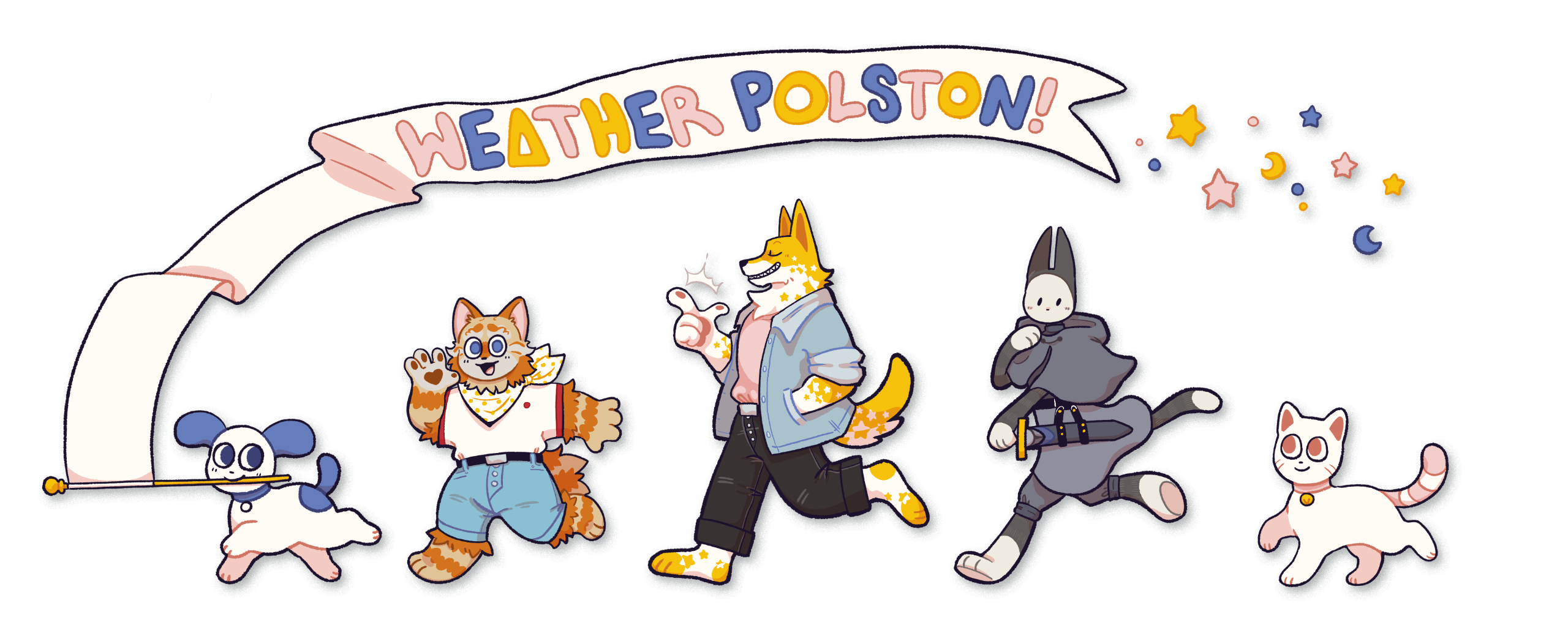 A parade of cartoon cats and dogs carry a banner with the artist's name, Weather Polston, written on it.