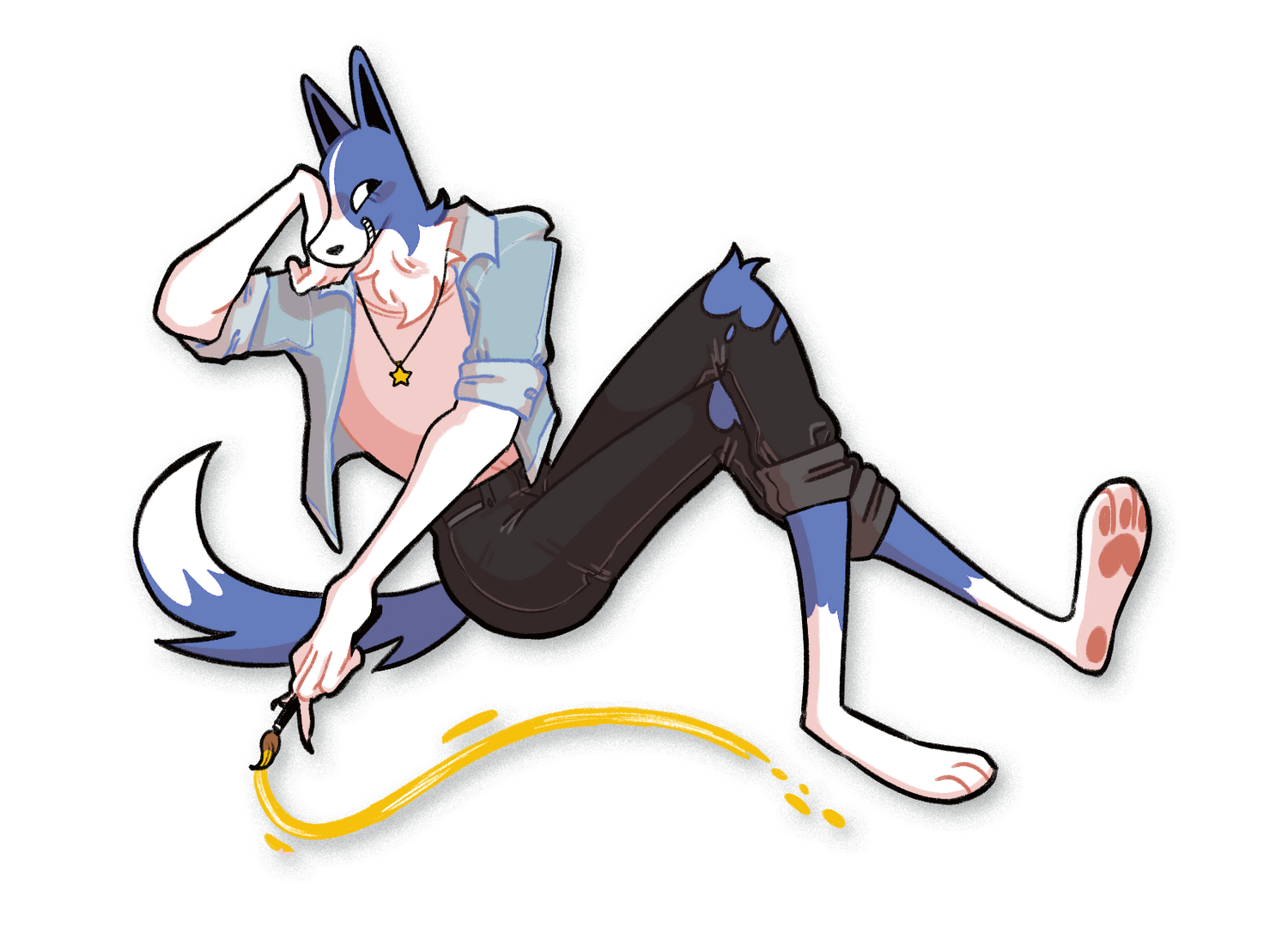 A digital drawing of the artist's persona lounging with their legs crossed. The persona is an anthropomorphic border collie with saddleback markings. It's wearing jeans, a tshirt, and a jean jacket. It's holding a brush with yellow paint.